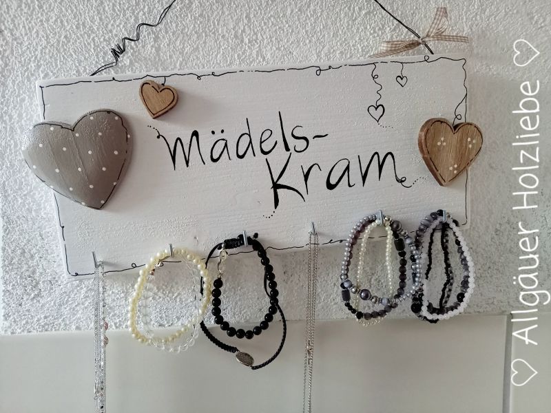 Schmuckhalter * Hakenleiste * Shabby * Beige-Taupe * 13,5 x 32 cm * Herz * Mädels-Kram